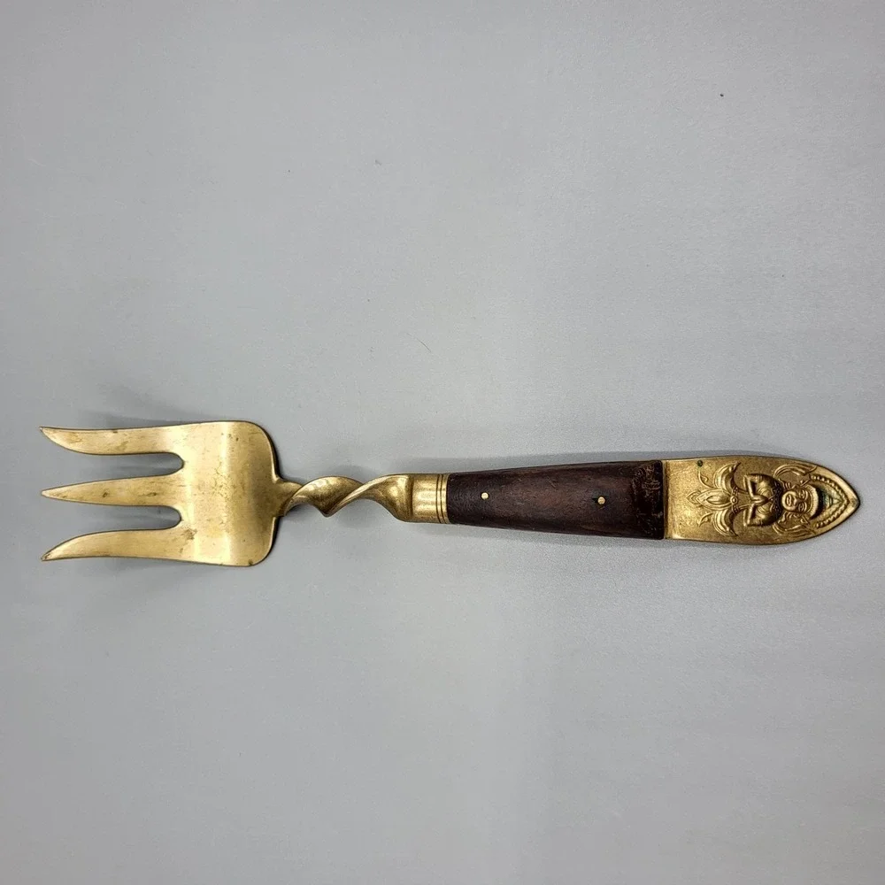 Vintage Serving Fork Brass Wood Spiral Twist Buddha Gold Siam Brown Replacement